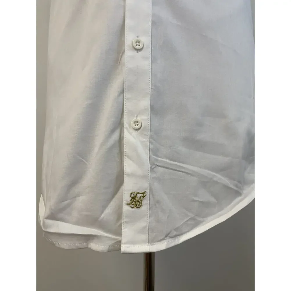 Siksilk Shirt Mens Small Button Up White Short Sleeve Sik Silk Embroidered N40